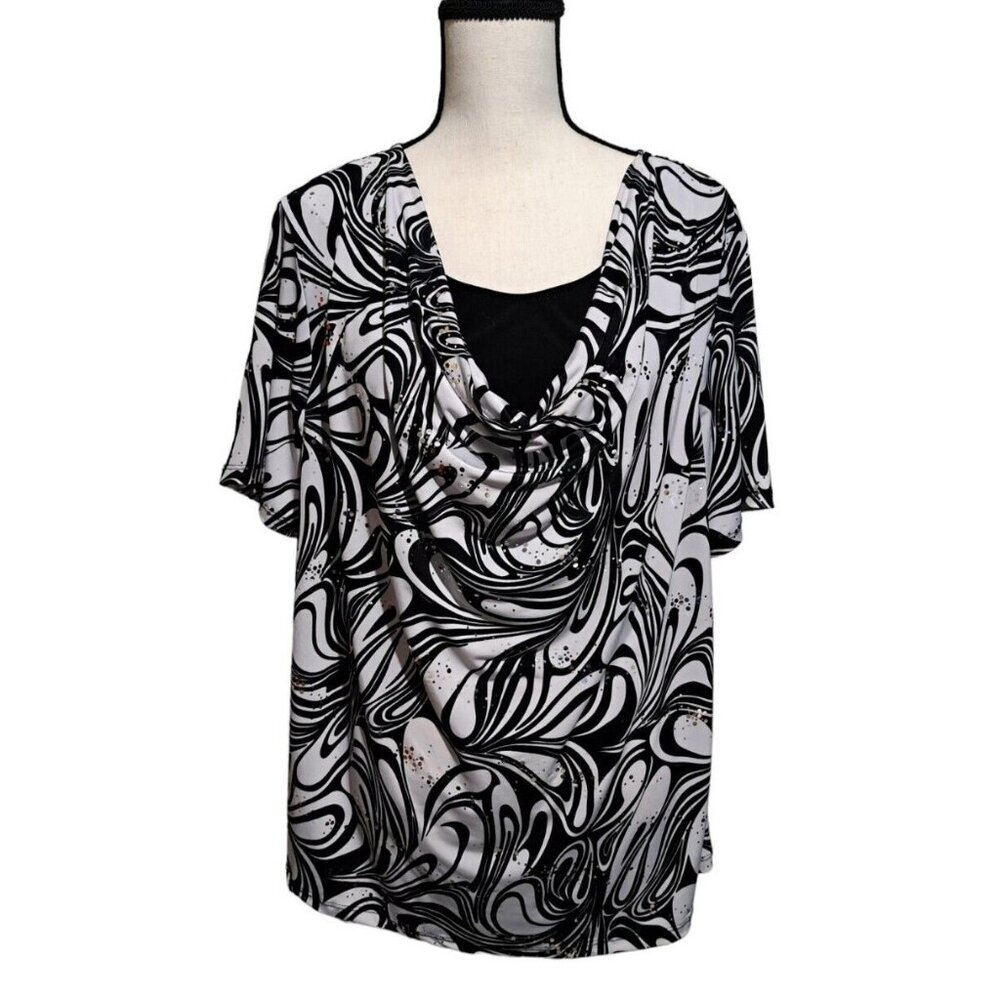 Brittany Black Woman Stretch Top Drape Neck Gray White Wavy Print Sequined 2X